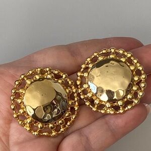 56 Vintage Clip Ons Earrings Chunky Textured Circles  Gold Tone Statement